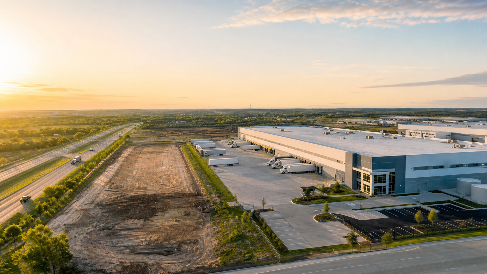 Modern commercial facility beside a Texas highway corridor